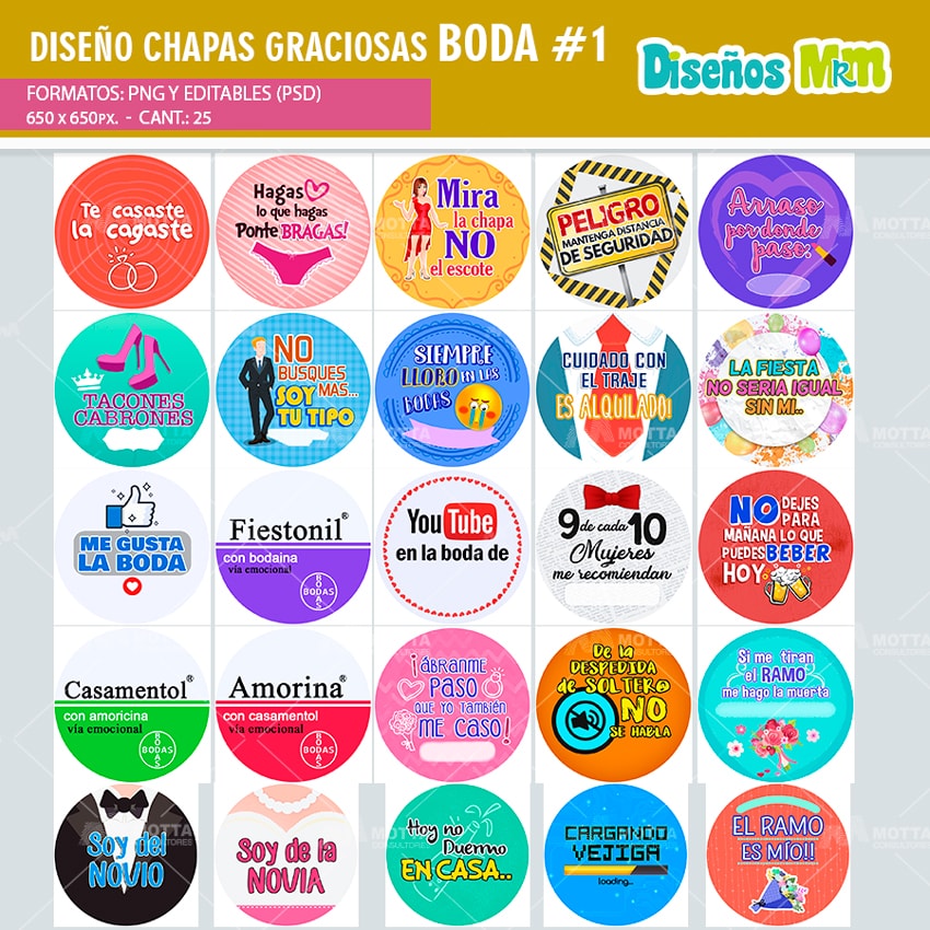 DISEÑOS DE CHAPAS CON FRASES GRACIOSAS PARA BODA PACK 1
