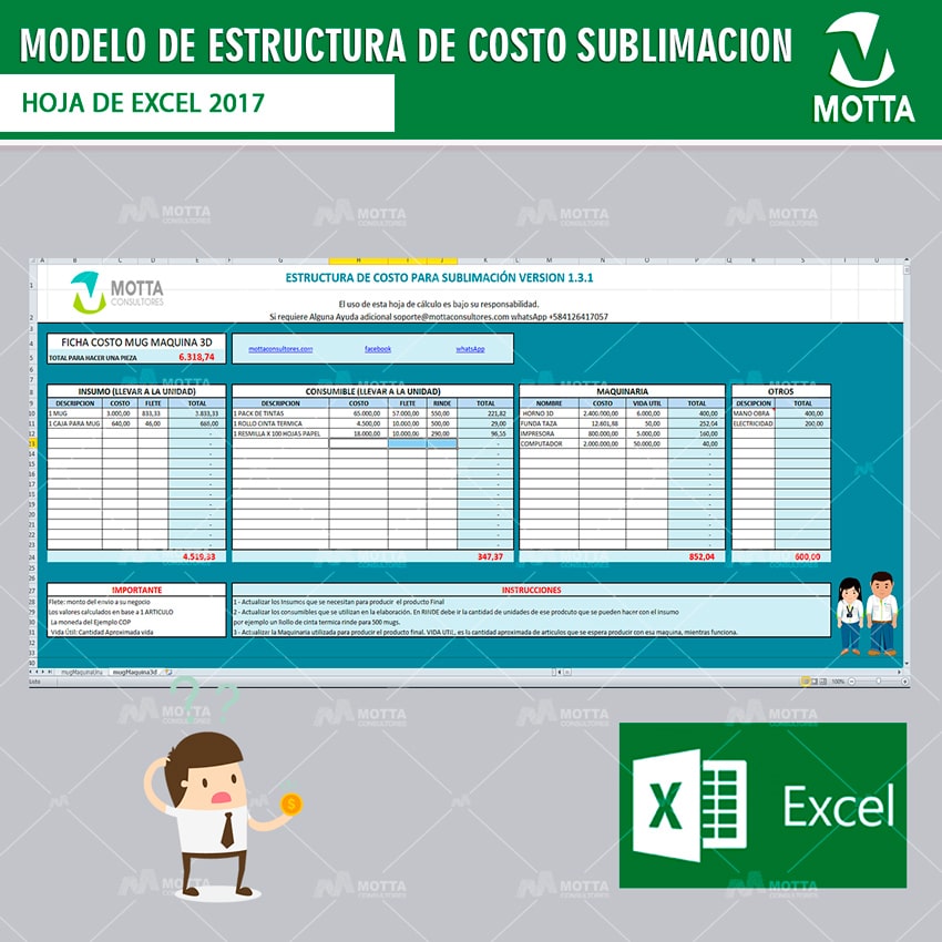 Modelo en Excel para CALCULAR EL COSTO DE SUBLIMAR UNA TAZA