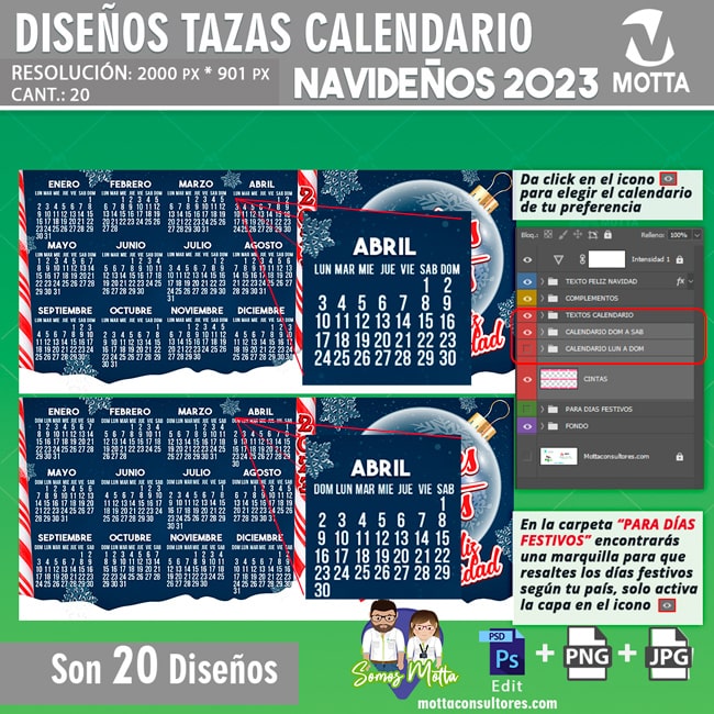 DISEÑOS TAZAS CALENDARIOS 2023 DE NAVIDAD